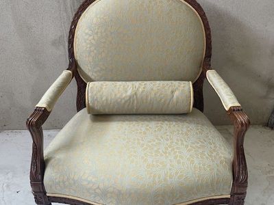 Pair of Vintage French Louis XVI Style Medallion Armchairs – Yellow Damask