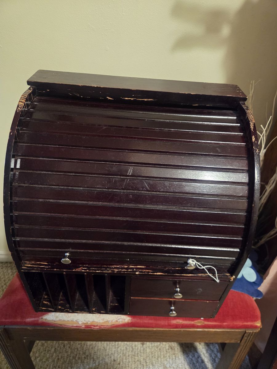 Vintage Wooden Rolltop Portable Desktop Organizer w/ Drawers, 14" x 9.75"
