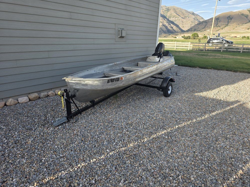 Aluminum Jon Boat with Mercury 9.8 HP Outboard Motor and Trailer