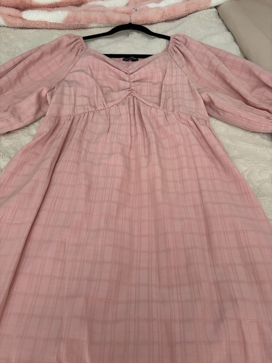 Mikarose Pink Plaid Puff Sleeve Ruched Bust Babydoll Midi Dress Size XL