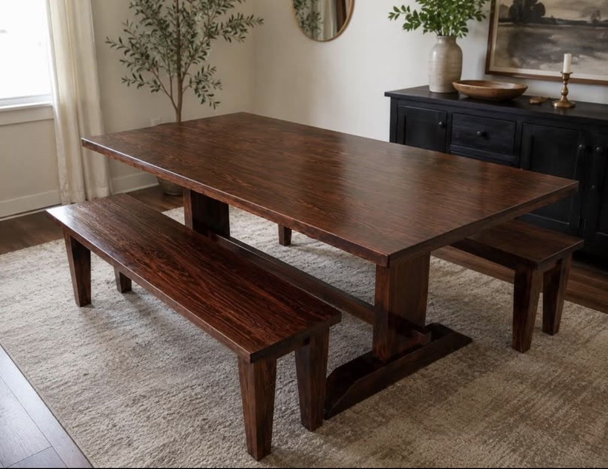 Solid Wood Trestle Dining Table with 2 Matching Benches Set - Dark Walnut Finish