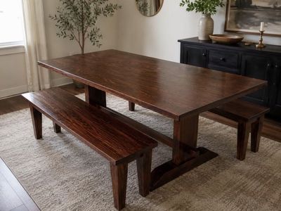 Solid Wood Trestle Dining Table with 2 Matching Benches Set - Dark Walnut Finish