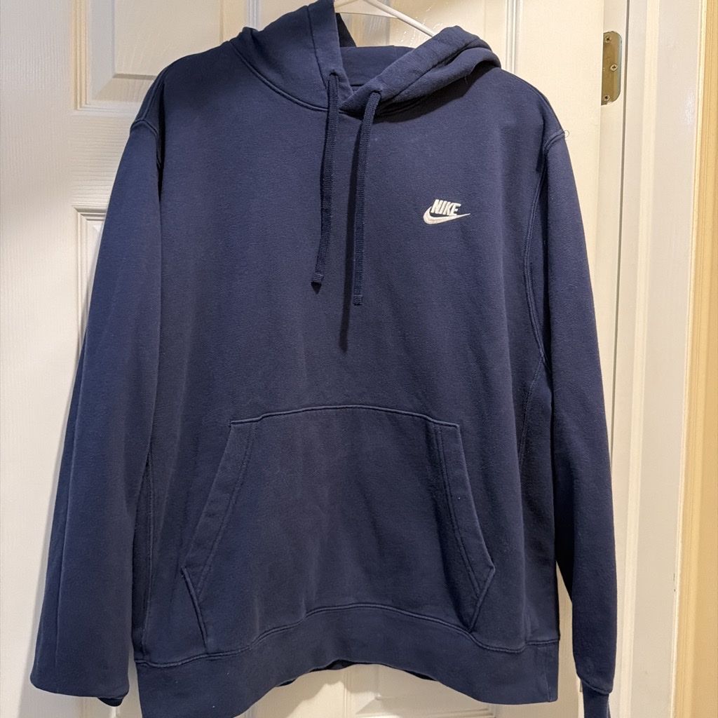 Nike Navy Blue Pullover Hoodie Sweatshirt with White Swoosh Logo - Men's Size L