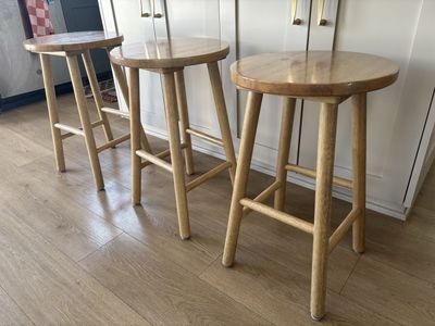 Set of 3 Wood Counter Height Bar Stools - Light Wood Finish, Round Seats