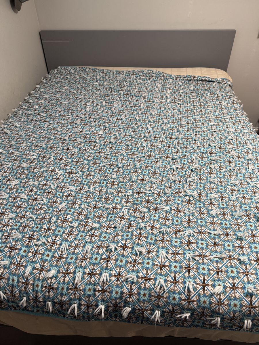 Queen bed, headboard, box spring, and frame