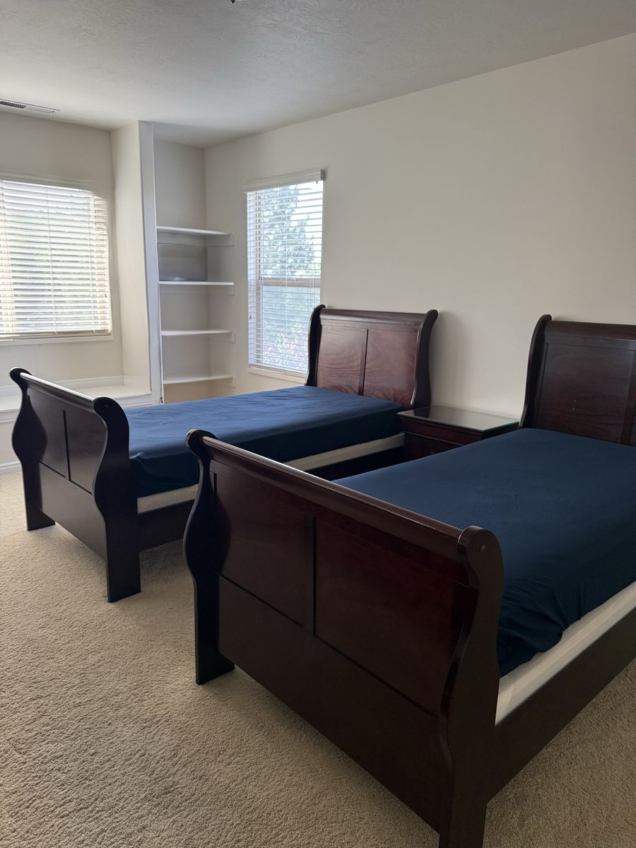 Solid Wood Dark Cherry Twin Sleigh Bedroom Set: 2 Beds, Dresser w/ Glass Topper, Nightstand