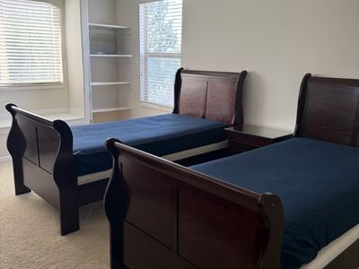Solid Wood Dark Cherry Twin Sleigh Bedroom Set: 2 Beds, Dresser w/ Glass Topper, Nightstand