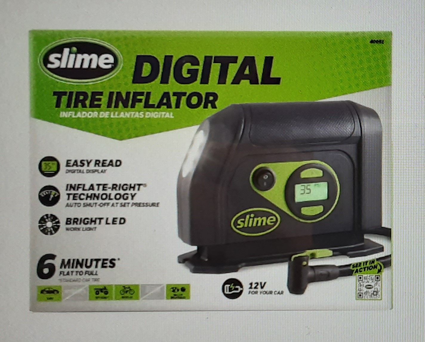 New Slime Compact 12V Digital Tire Inflator/Air Compressor with Adjustable Pressure, Auto Shot Off and Bright LED Work Light