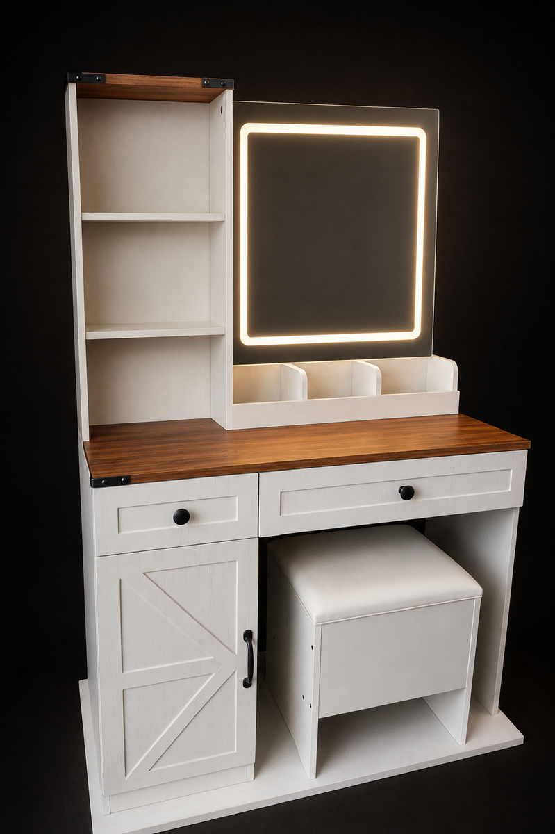 Vanity Desk w/LED Mirror & Plug/USB Charging Station – White Oak w/Walnut Desktop (MIRROR CRACKED)
