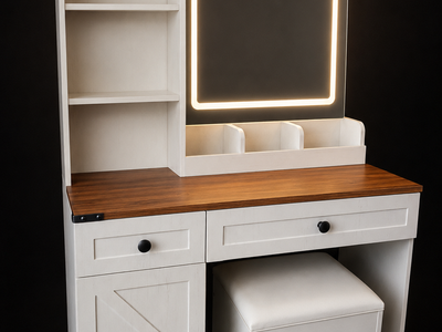 Vanity Desk w/LED Mirror & Plug/USB Charging Station – White Oak w/Walnut Desktop (MIRROR CRACKED)
