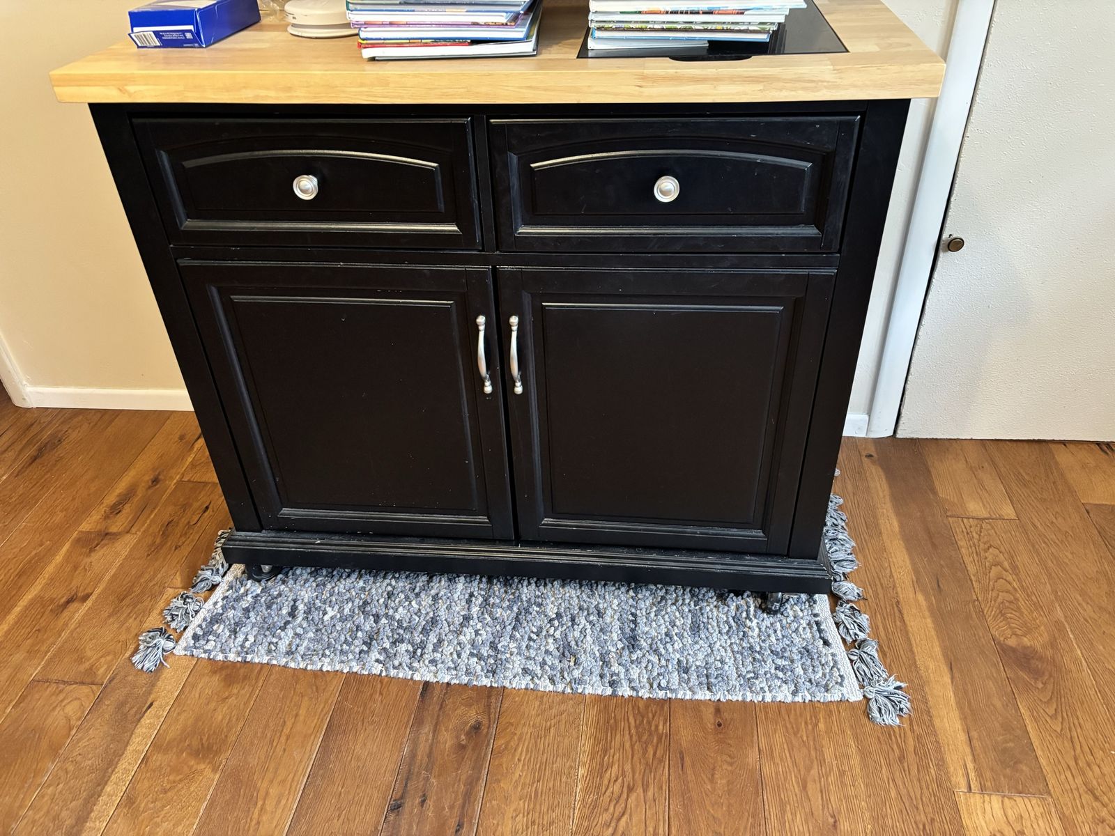 Black Kitchen Island with Butcher Block Top - Storage Cabinets and Drawers