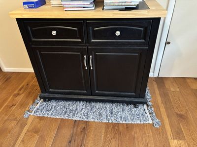 Black Kitchen Island with Butcher Block Top - Storage Cabinets and Drawers