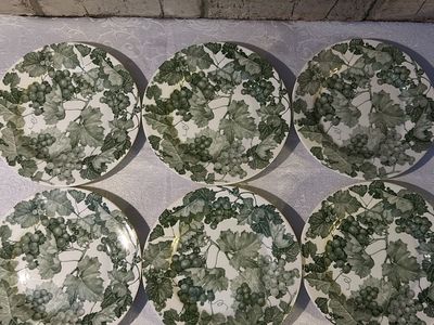 Ceramica Quadrifoglio Set of 6 Salad / Bread PLATES Green Grapevine Made in Italy