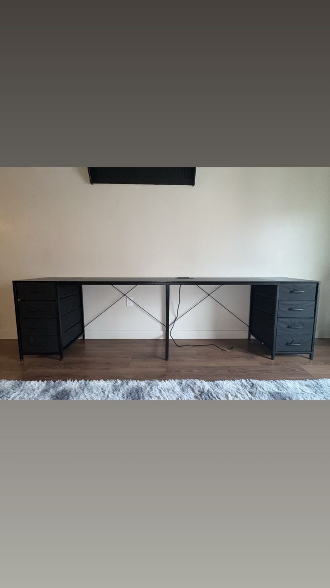 Black Two-Person 95" Power-Strip Desk with Drawers
