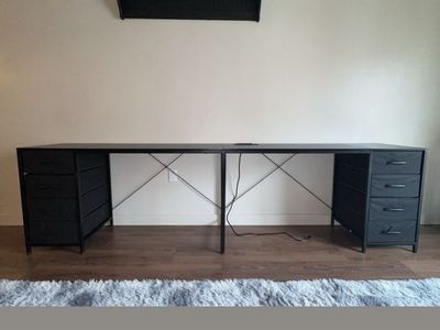 Black Two-Person 95" Power-Strip Desk with Drawers