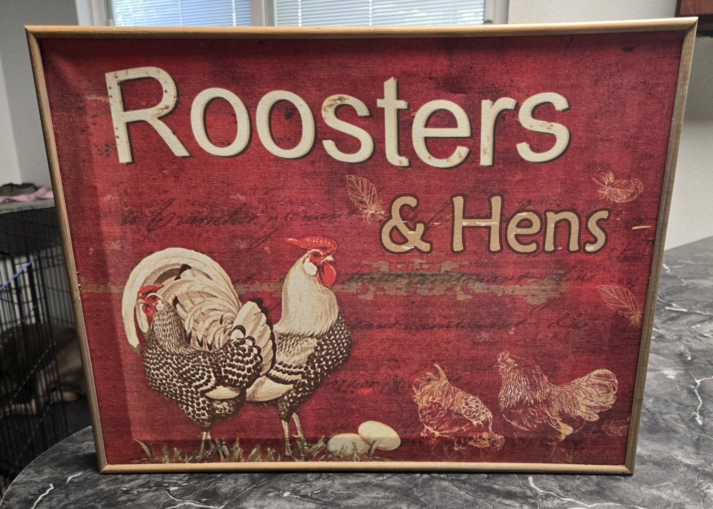 Farmhouse Style Roosters & Hens Wall Art Decor Red & Gold Rustic Chicken Sign