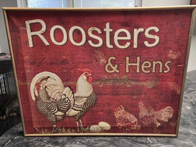 Farmhouse Style Roosters & Hens Wall Art Decor Red & Gold Rustic Chicken Sign