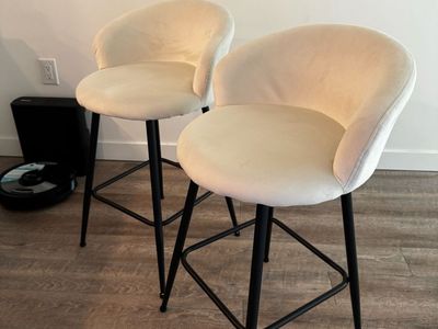 Set of 2 Modern Cream Velvet Upholstered Bar Stools with Black Metal Legs & Curved Backrests