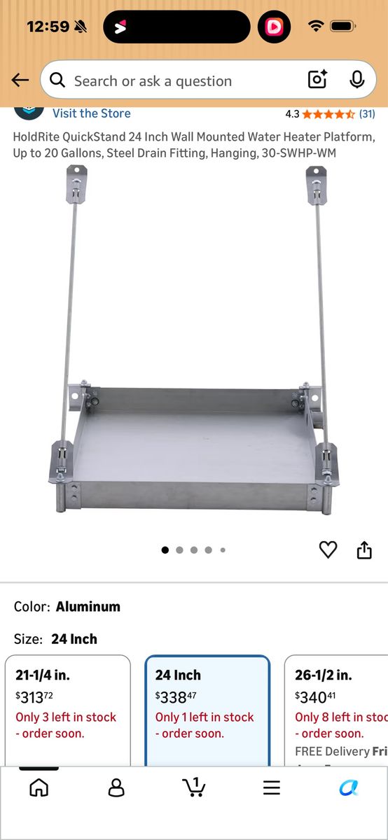 HoldRite QuickStand 30-SWHP-WM 24" Wall-Mounted Water Heater Platform w/ Steel Drain Fitting