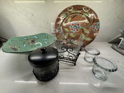Southern Living Hand-Painted Floral Ceramic Platter & Bowl Set with Wrought Iron Stands & Glass Holders