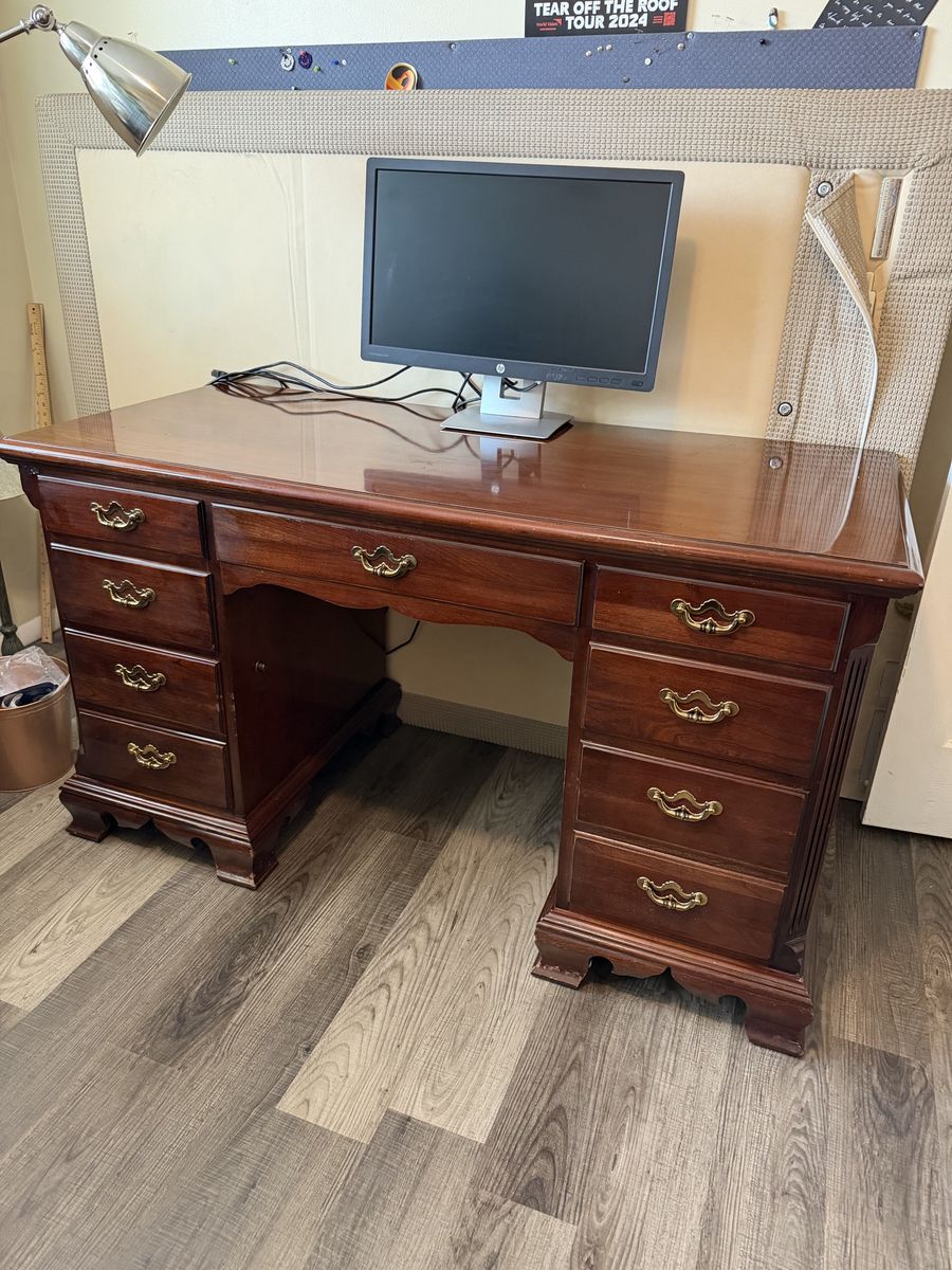 Thomasville Vintage Solid Wood Executive Desk with Brass Hardware