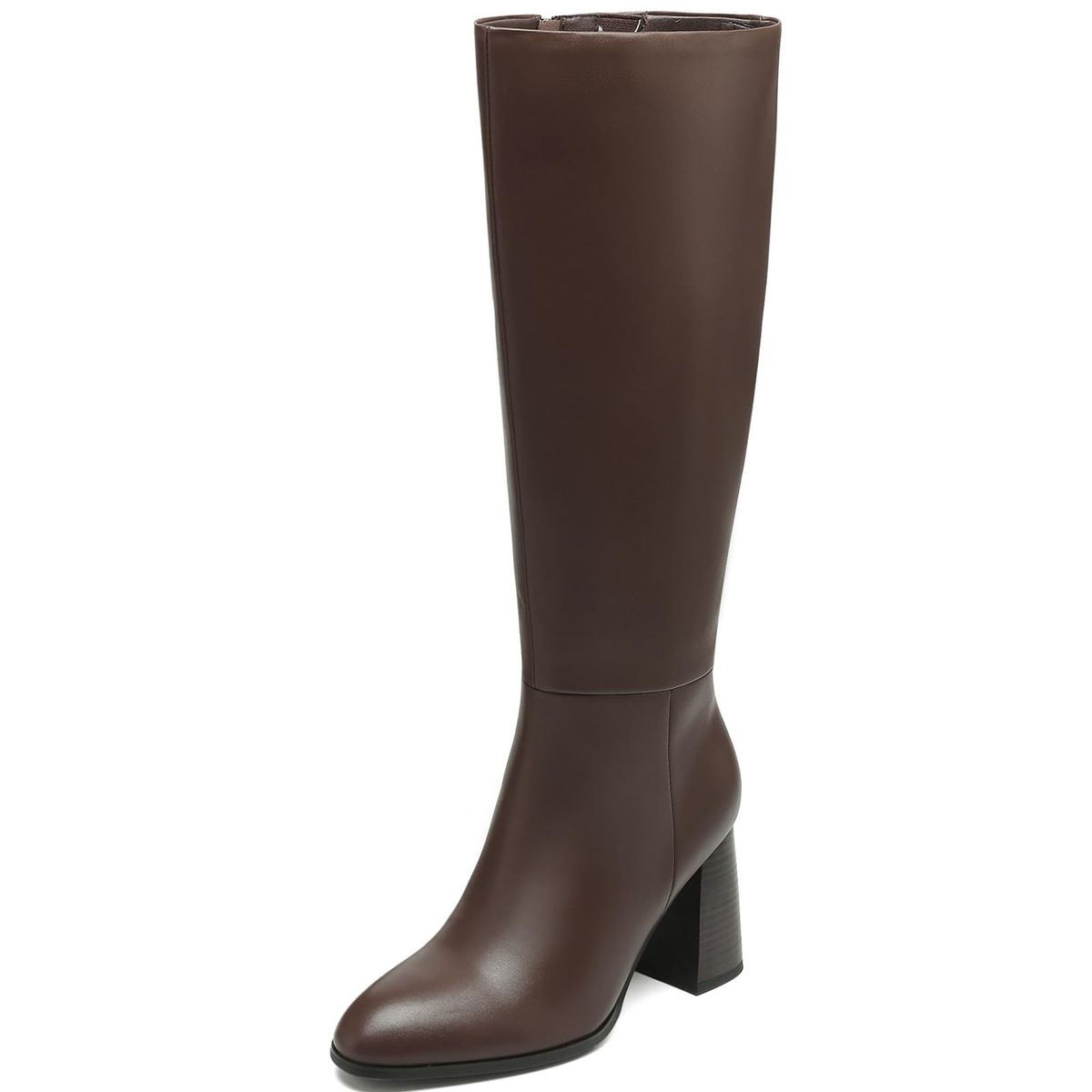 New! AIUNIIND Women’s Knee High Boots Round Toe Chunky Heel Faux Leather Tall Riding Boots with Side Zipper Brown 9.5
