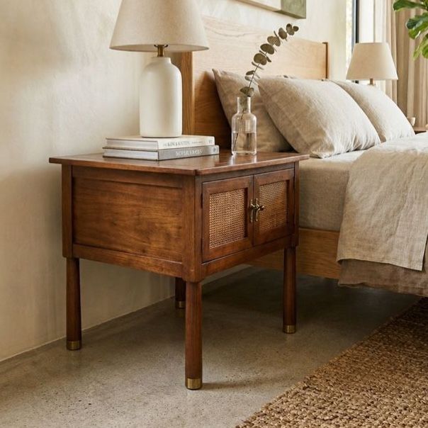 Pair of Mid Century Walnut & Olive Inlay Nightstands Bedside Tables w/Cane Rees Door Panels & Brass Accents