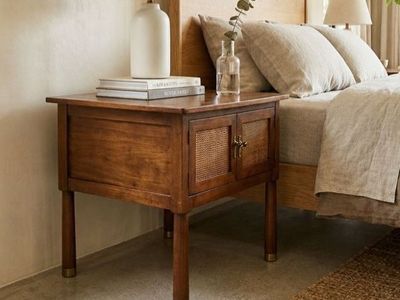 Pair of Mid Century Walnut & Olive Inlay Nightstands Bedside Tables w/Cane Rees Door Panels & Brass Accents