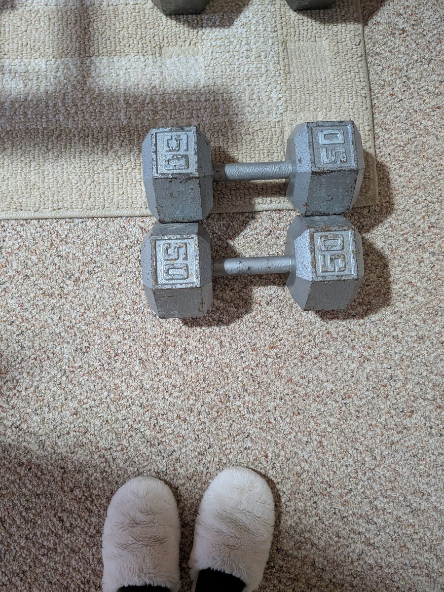 Pair of 50lb Hex Dumbbells - Grey Cast Iron Weights for Strength Training