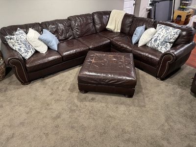 Dark Brown Leather Sectional Sofa with Matching Ottoman