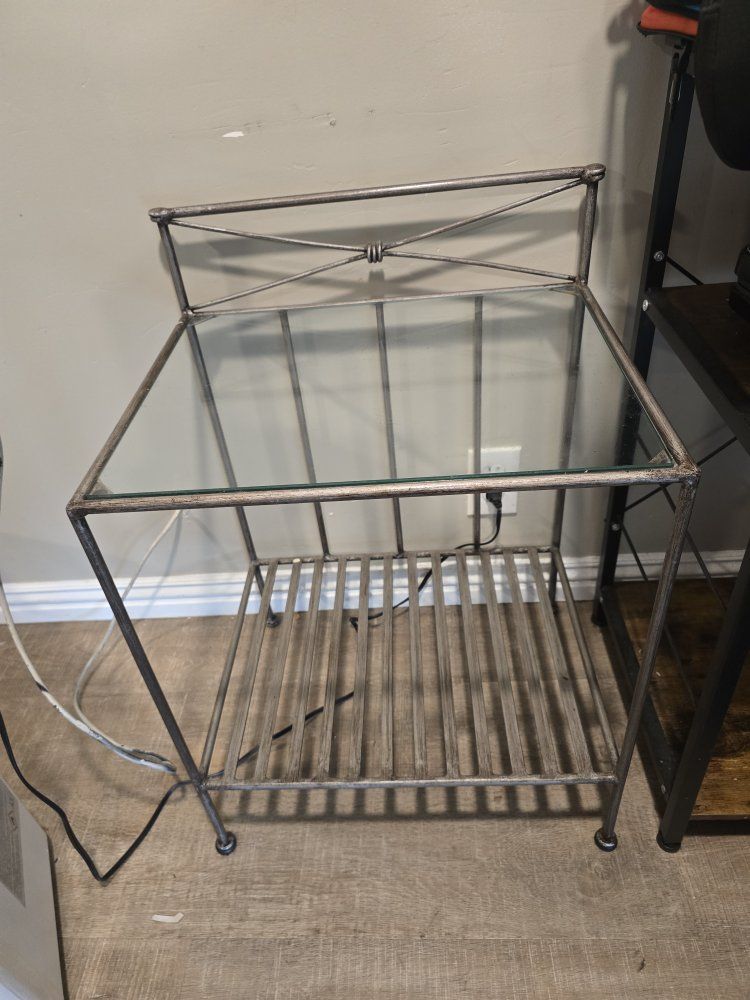 Metal and Glass Accent Table Nightstand with Lower Slatted Shelf