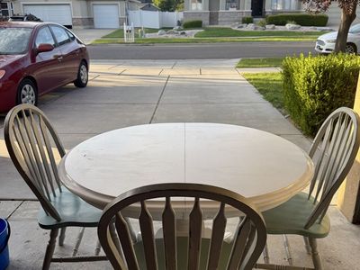 Rustic Round Pedestal Dining Table with 3 Sage Green Windsor Chairs