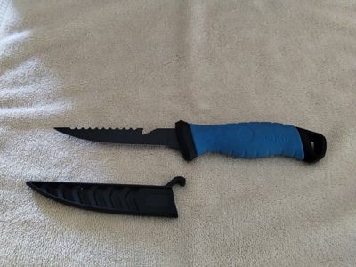 Unbranded Dive Knife, Blue Handle, Serrated Edge & Line Cutter with Sheath