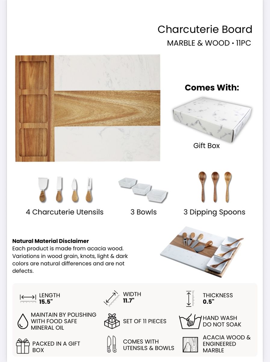 Custom Charcuterie Board Set - Marble & Wood 11-Piece Kit with Utensils and Gift Box