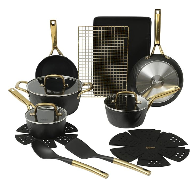NEW Oster Premium Abborttsford 16 Piece Aluminum Pots and Pans PFA Free Ceramic Non stick