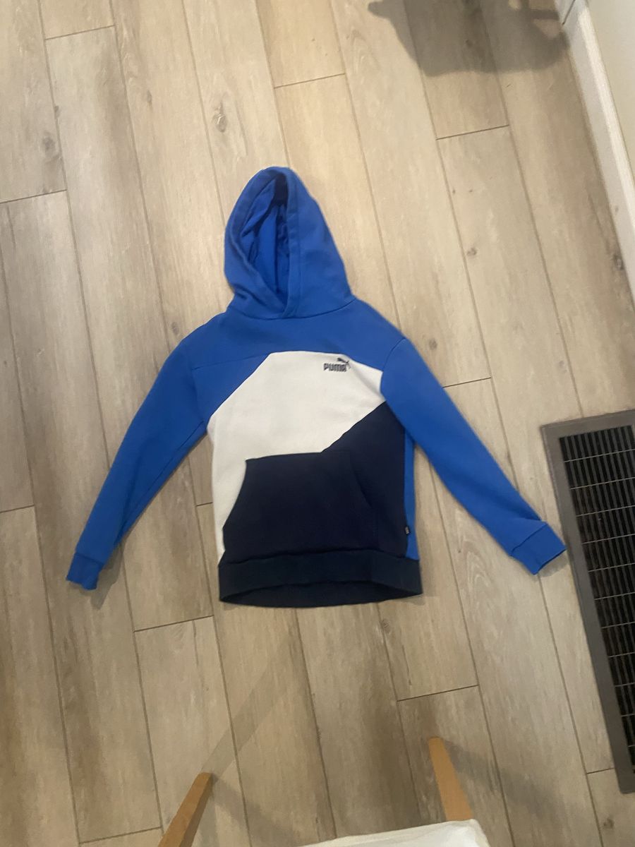 Puma Color Block Pullover Hoodie - Blue, White, Navy - Youth Size 10/12