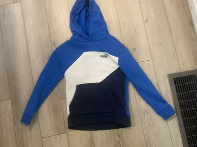 Puma Color Block Pullover Hoodie - Blue, White, Navy - Youth Size 10/12