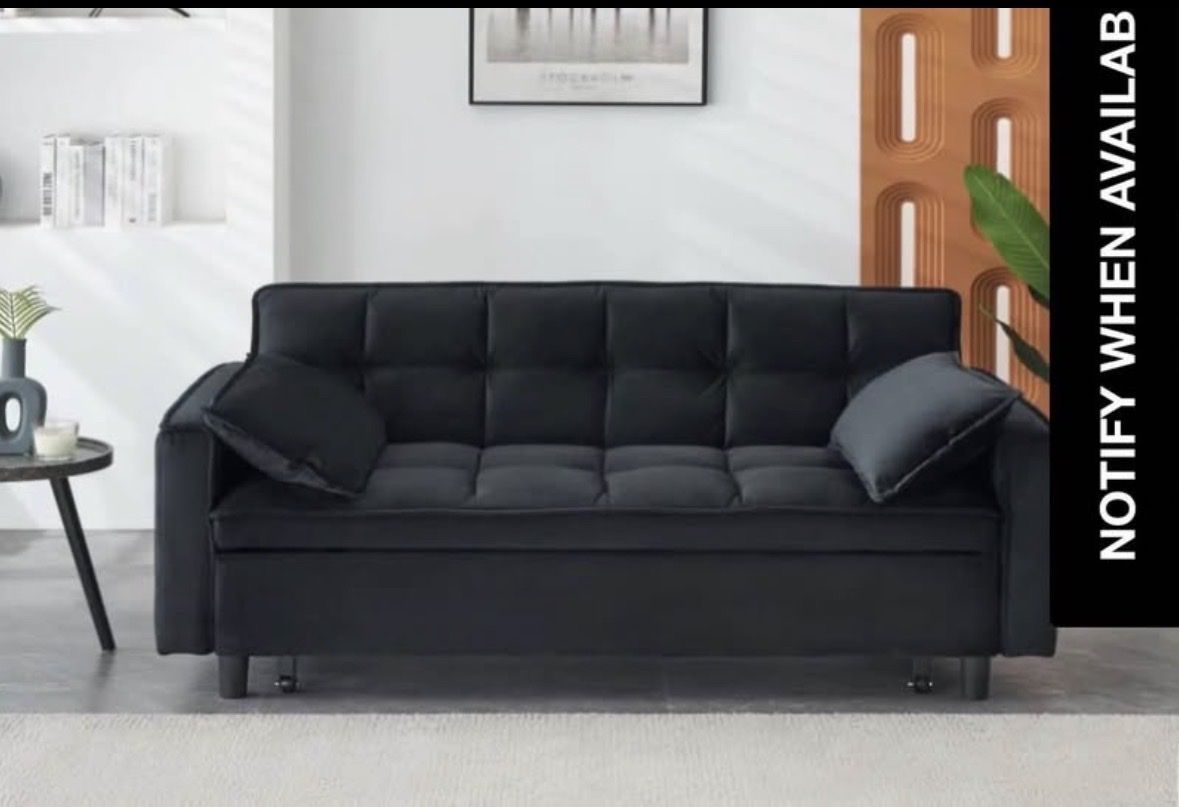 Black Tufted Velvet Futon Sofa Sleeper with 2 Pillows - New in Box (SKU: XQY-2123-BK)