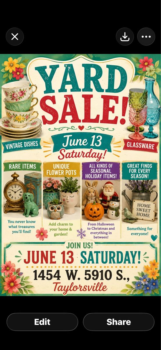 Yard sale 06/13/2026 7:00 am - 1:00 1454 w 5910 s Taylorsville