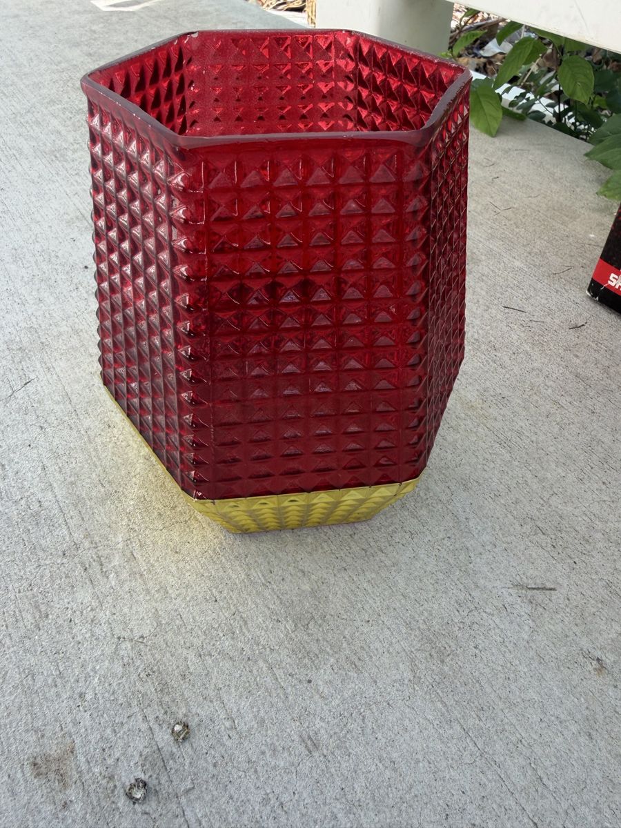 Red Hexagonal Diamond Textured Glass Vase or Candle Holder with Gold Base