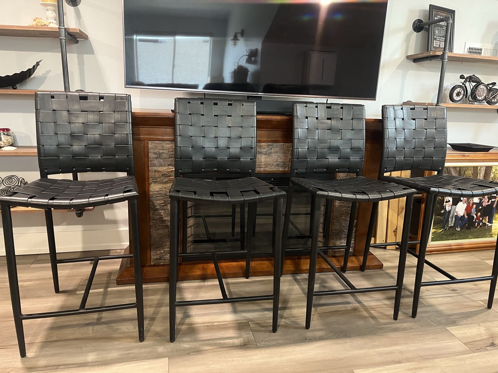 Set of 4 Black Woven Leather & Metal Counter Height Bar Stools