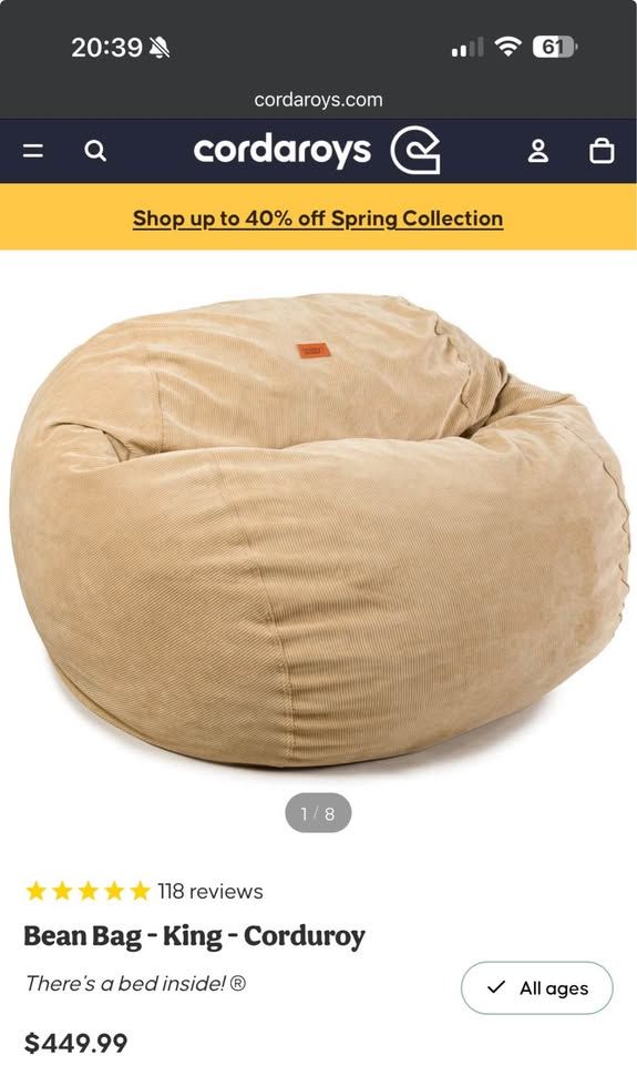 CordaRoy's King Corduroy Bean Bag Chair