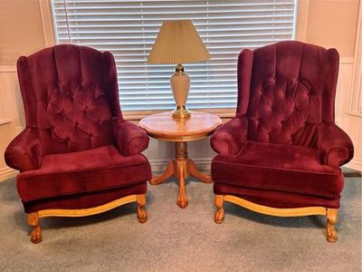 Like New Burgundy Velvet Tufted Wingback Chairs