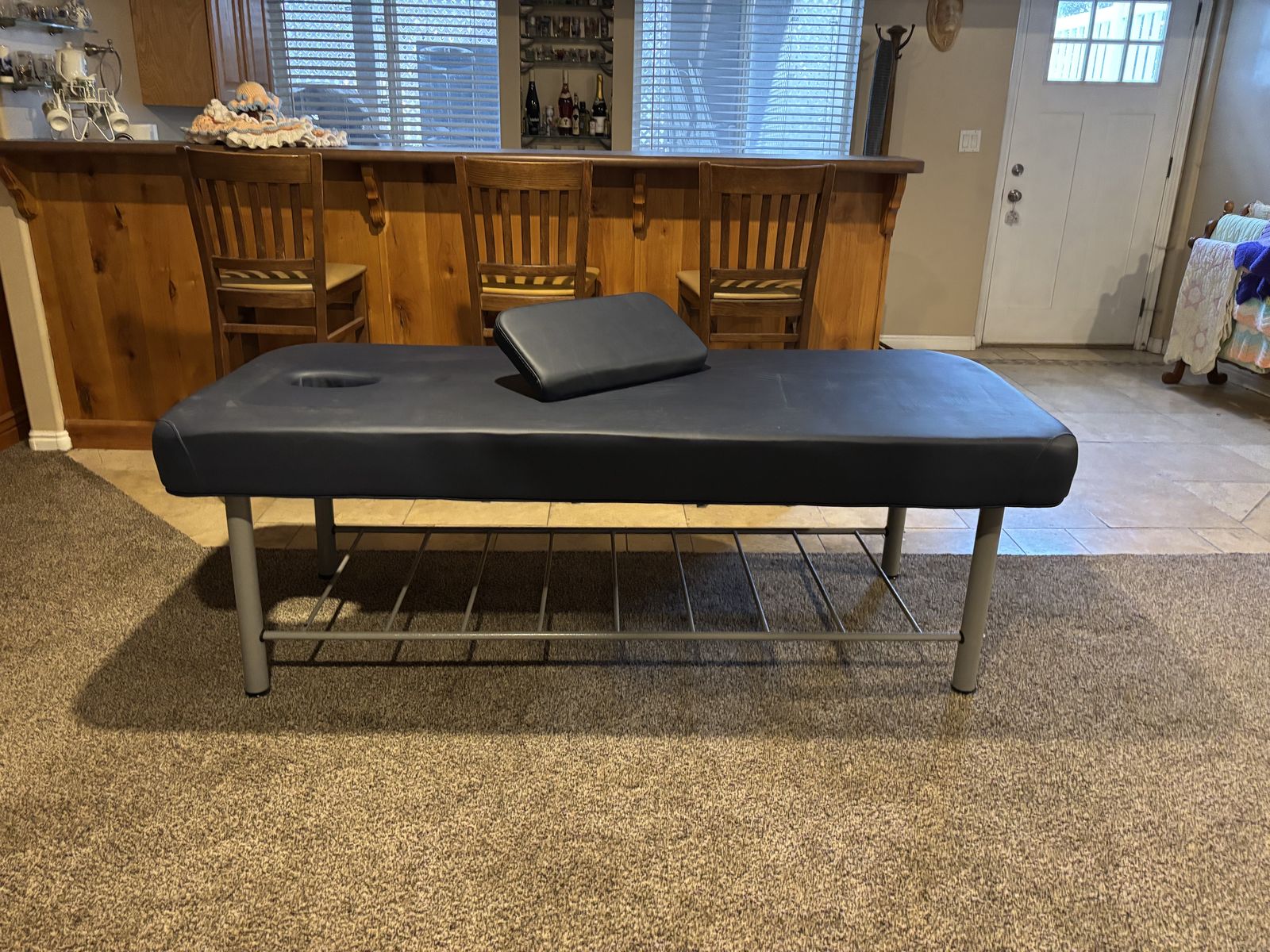 Sturdy Blue Professional Massage Table with Face Cradle and Storage Shelf