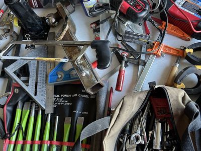 Lot of Various Hand Tools, Work Bench, Clamps, Chisels, Electrician's Tools & More