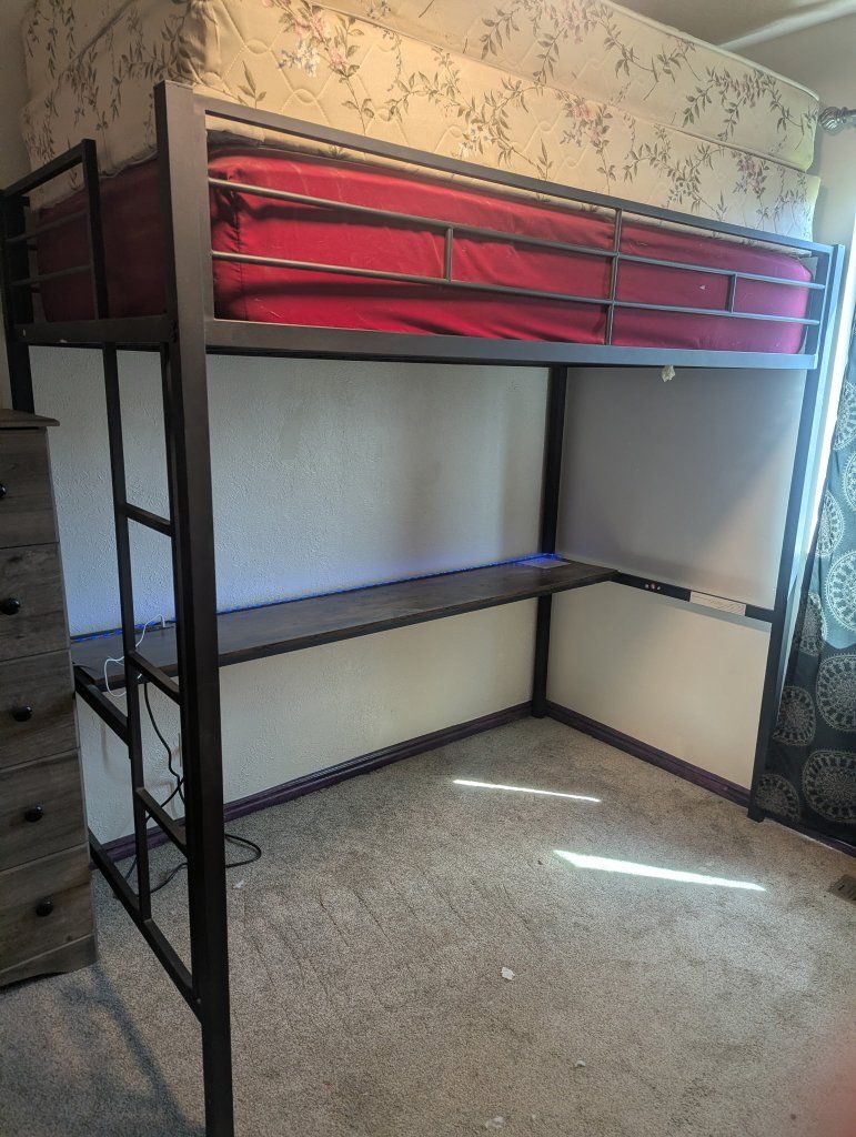 Black Metal Loft Bed Frame with Integrated Wood Desk - Space Saving Design for Small Rooms