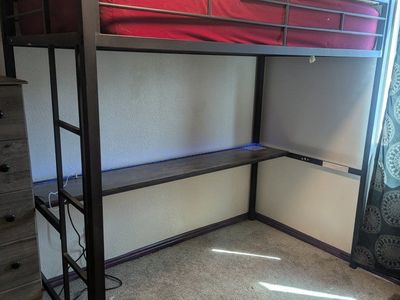 Black Metal Loft Bed Frame with Integrated Wood Desk - Space Saving Design for Small Rooms