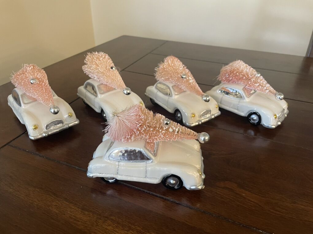 5 New Glass Car Ornaments W/ Pink Trees On Top