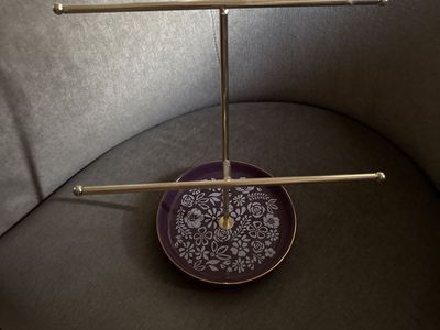 Decorative Gold Tone T-Bar Jewelry Holder with Purple Floral Dish