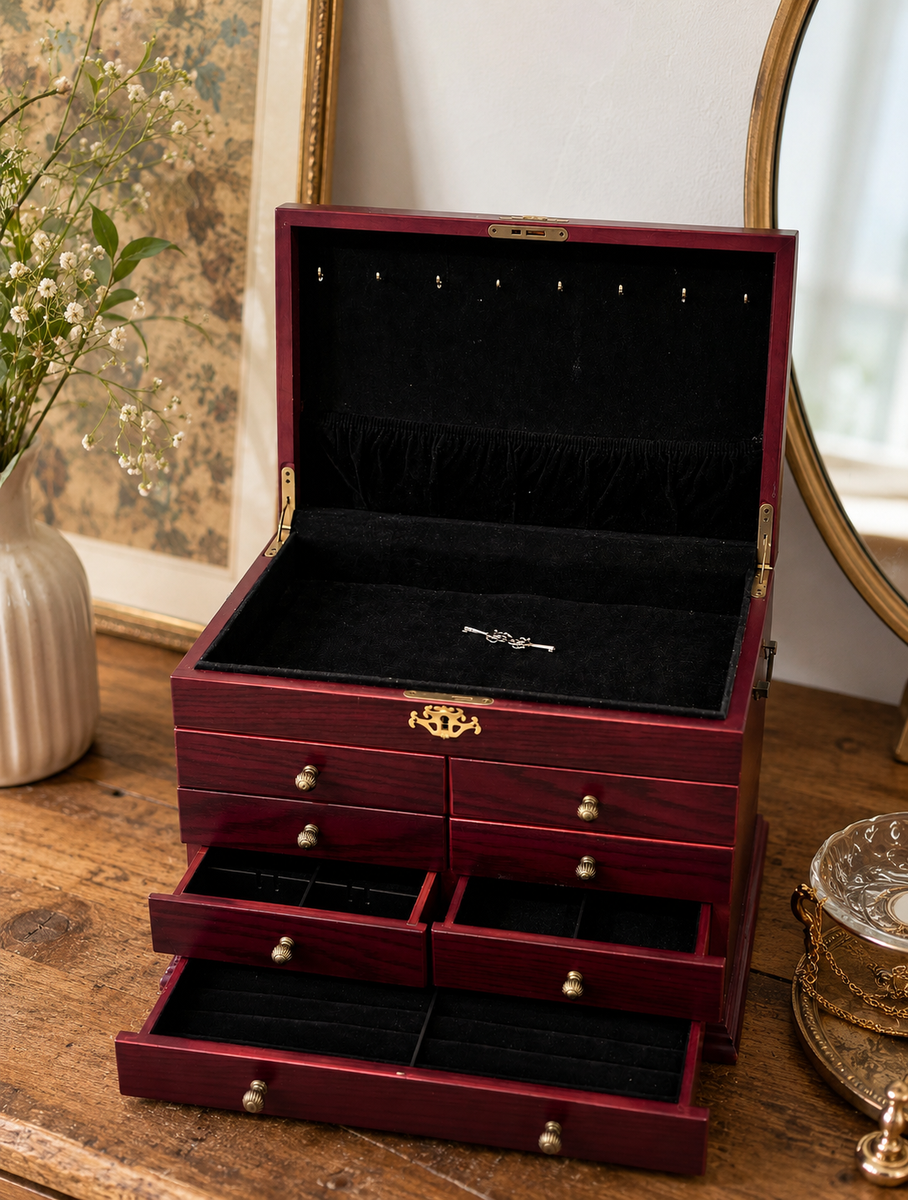 Thomas Pacconi Classics Museum Series Cherry Finish Wood Jewelry Chest Box W/key